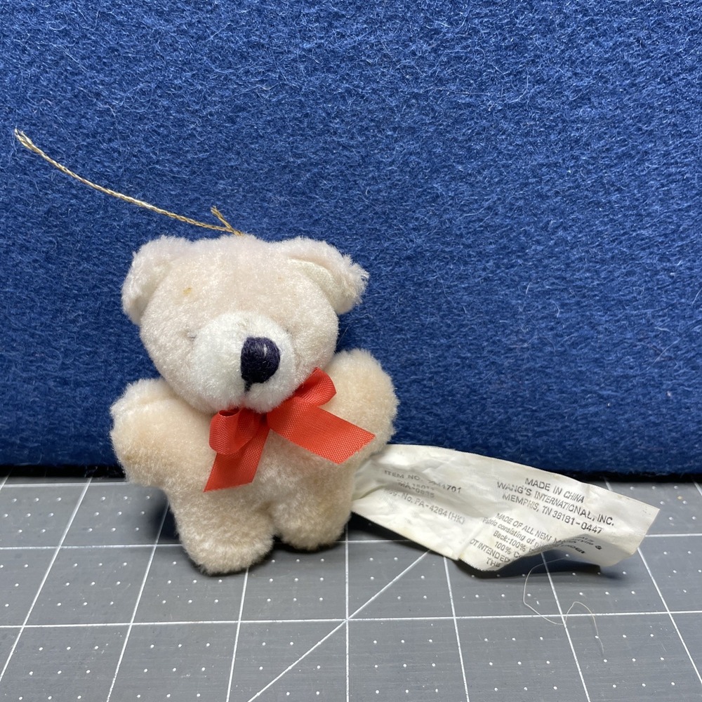 Vintage Tan Teddy‎ Bear Plush W/ Red Ribbon Bow Christmas Ornament 2.5"